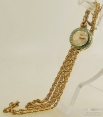 Bucherer 6-OS 17J adj. 3p ladies' pocket watch, lovely YBM & enamel pendant case, with YBM necklace