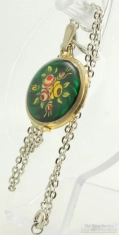 Jean Perret 19mm 17J ladies' pendant watch, lovely 2-tone YBM, WBM, & enamel case, fancy necklace