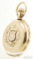 Elgin OS 11J grade 113 ladies' pocket watch #5839686, incredible multi-color YGF scalloped-frame HC