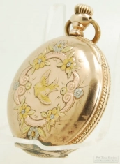 Waltham OS 7J LS grade No. 61 ladies' pocket watch #13499821, elaborate multi-colored gold filled HC
