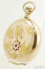 Hampden 6S 15J LS grade 213 ladies' pocket watch, multi-colored gold filled HC with raised birds