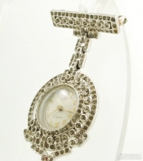 Avalon 7J Monarch grade E0N ladies' pendant watch, art deco WBM & rhinestones case, with lapel pin