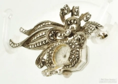 Bucherer 17J adj. 3p ladies' brooch watch, Fondacier WBM art nouveau style pin w/ marcasite accents