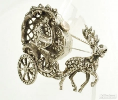 Bucherer 17J adj. 3p ladies' brooch watch, WBM art nouveau carriage & reindeer pin w/ marcasite, box