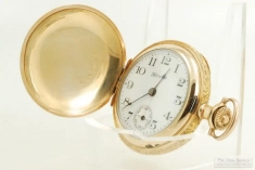Hampden 3-OS 7J LS Molly Stark ladies' pocket watch #1298641, distinctive YGF fully engraved HC