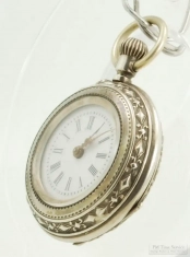 Swiss 30mm 11J PS ladies' pocket watch, impressive coin silver HB case w/ diamond & filigree designs