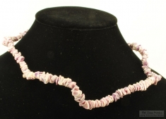 24" lavender shell necklace, small honey-colored glass beads and a brass barrel-style clasp
