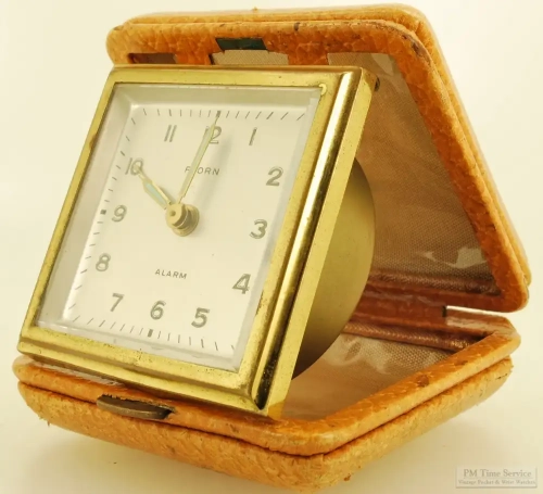 Florn (Germany) travel alarm clock, square YBM brass case, square  foldable travel cover