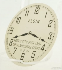 V.F.W. watch dial pin, marked "Elgin" & "Watch City Post 1307 Drum and Bugle Corps V.F.W."