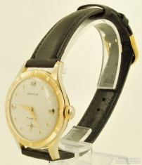 Benrus 17J grade 18AC wrist watch, handsome YBM & SS round water-resistant case, distinctive dial