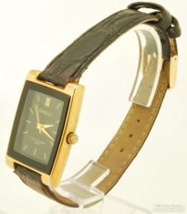Armitron quartz wrist watch, heavy smooth polish YBM & SS rectangular case, black metal dial