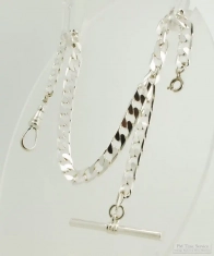 8" medium weight, quality Albert style silver-toned base metal fancy link pocket watch chain, t-bar