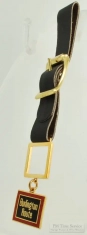 Base metal and enamel Burlington Route fob with a black leather pocket watch fob strap