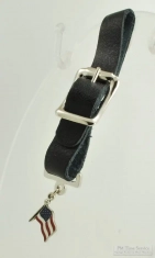 Base metal and enamel US flag fob with a black leather pocket watch fob strap