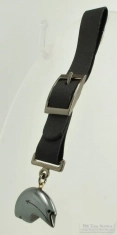 Base metal Zuni bear fob with a black leather pocket watch fob strap